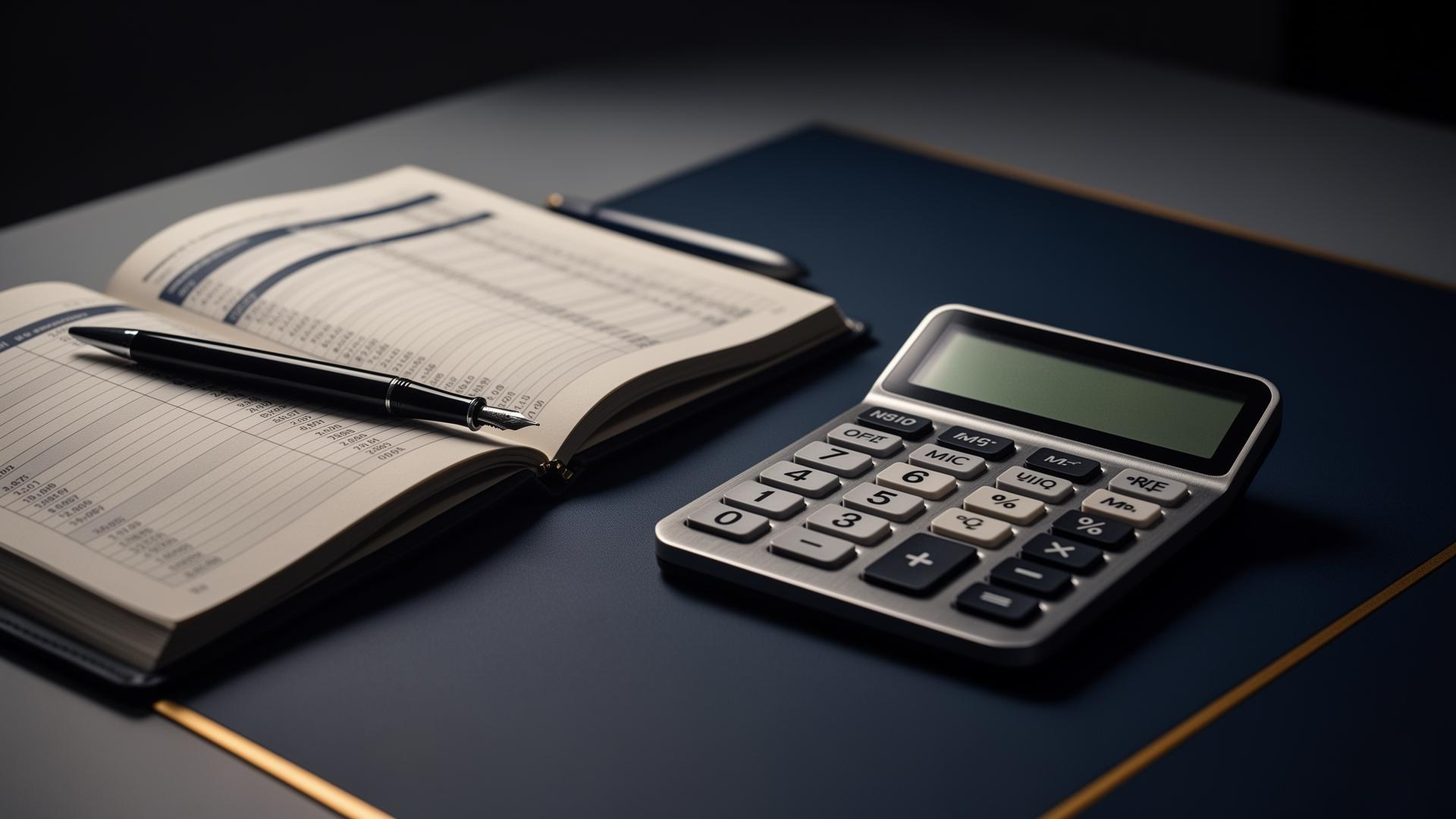 Modern accounting desk with ledger and calculator